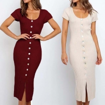 Fashion Short Sleeve Round Neck Slit Hem Front-button Dress