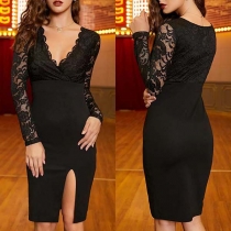 Sexy Lace Spliced Long Sleeve V-neck Slit Hem Slim Fit Dress