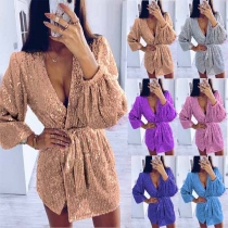 Sexy Deep V-neck Long Sleeve Irregular Hem Sequin Dress
