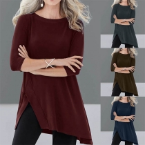 Fashion Solid Color 3/4 Sleeve Round Neck Irregular hem T-shirt