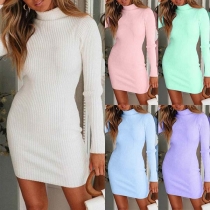 Fashion Solid Color Long Sleeve Turtleneck Slim Fit Dress