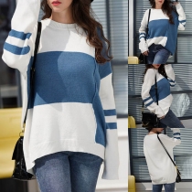 Fashion Contrast Color Long Sleeve Round Neck Loose Sweater