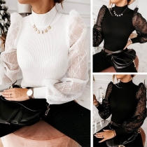 Sexy Sequin Gauze Spliced Long Sleeve Mock Neck Slim Fit Top