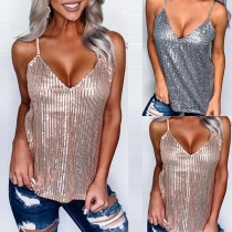 Sexy Backless V-neck Sling Sequin Top