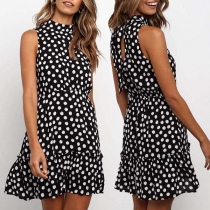 Fashion Sleeveless Mock Neck Ruffle Hem Dots Printed Dress