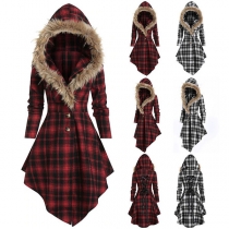 Fashion Flaux Fur Spliced Hooded Long Sleeve Plaid Thin Jacket