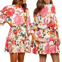 Sweet Style 3/4 Trumpet Sleeve Round Neck Printed Dress