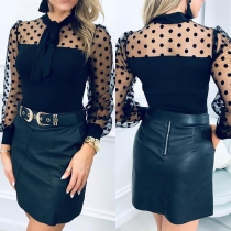 Sexy Dost Gauze Spliced Long Sleeve Bow-knot Collar Top