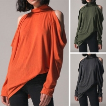 Sexy Off-shoulder Long Sleeve Mock Neck Solid Color T-shirt