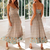 Sexy Backless V-neck High Waist Printed Sling Maxi Dress