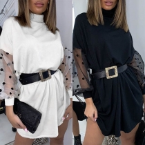 Sexy Gauze Spliced Puff Sleeve High Collar Dress