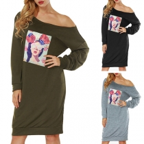 Sexy Boat Neck Long Sleeve Printed Sweatshirt Dress