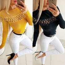 Sexy Long Sleeve Round Neck Rhinestone Spliced Hollow Out T-shirt