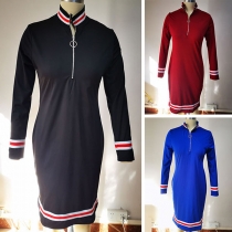 Fashion Striped Spliced Long Sleeve Mock Neck Slim Fit Dress
