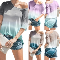 Fashion Oblique Shoulder Short Sleeve Color Gradient T-shirt
