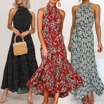 Sexy Off-shoulder High Waist Printed Halter Dress