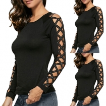 Sexy Rhinestone Spliced Hollow Out Long Sleeve T-shirt
