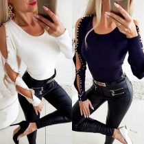 Sexy Rhinestone Spliced Hollow Out Long Sleeve Round Neck T-shirt