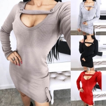 Sexy V-neck Long Sleeve Solid Color Slim Fit Dress