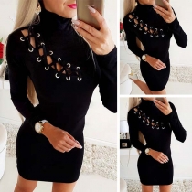 Sexy Hollow Out Lace-up Long Sleeve Mock Neck Slim Fit Dress
