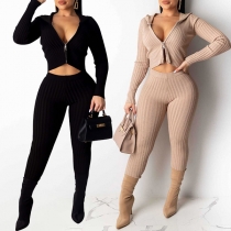 Sexy Long Sleeve Hooded Crop Top +  Pants Two-piece Set