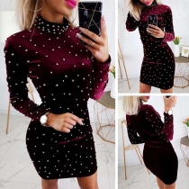 Fashion Long Sleeve Mock Neck Slim Fit Beaded Dress