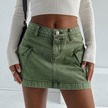 Fashion Solid Color High Waist Front-pokcet Skirt