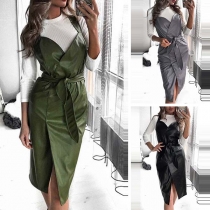 Sexy Backless V-neck Solid Color Sling PU Leather Dress