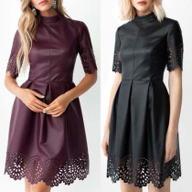Fashion Solid Color Half Sleeve High Waist Hollow Out Dress