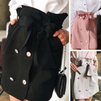 Fashion Solid Color High Waist Skirt with Bow-knot Waist Strap