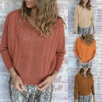 Fashion Solid Color Long Sleeve V-neck Hollow Out Knit Top