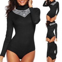 Fashion Long Sleeve Lace Spliced High Collar Bodysuit