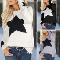 Fashion Pentagram Pattern Long Sleeve Round Neck Knit Top