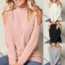 Sexy Off-shoulder Long Sleeve Mock Neck Solid Color Sweater