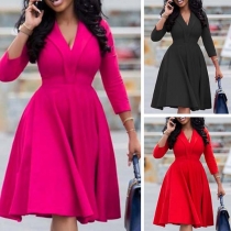 Sexy Deep V-neck High Waist Solid Color Dress