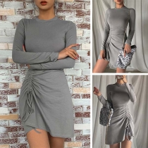 Fashion Solid Color Long Sleeve Round Neck Drawstring Dress