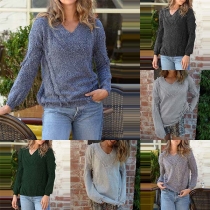 Fashion Solid Color Long Sleeve V-neck Tassel Sweater