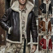 Fashion Long Sleeve Hooded Plush Lining Man's PU Leather Coat