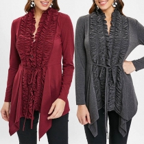 Fashion Solid Color Long Sleeve Irregular Hem Ruffle Cardigan