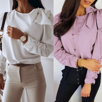 Sweet Style Bow-knot Long Sleeve Round Neck Solid Color Top