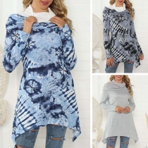 Fashion Long Sleeve Cowl Neck Irregular Hem Printed Top