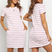 Fashion Short Sleeve Round Neck Striped T-shirt Dress