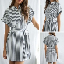 Fashion Short Sleeve POLO Collar Striped Shirt Dress