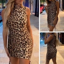 Sexy Sleeveless Mock Neck Leopard Printed Slim Fit Dress(It runs small)