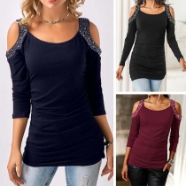 Sexy Off-shoulder Long Sleeve Round Neck Rhinestone Spliced T-shirt