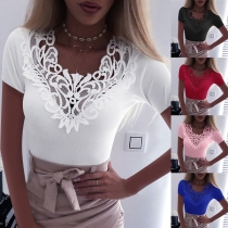 Sexy Lace Spliced V-neck Short Sleeve Slim Fit T-shirt