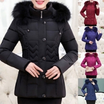 Fashion Solid Color Faux Fur Spliced Hooded Padded Coat