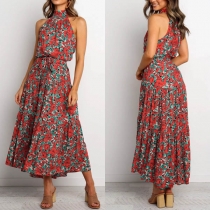 Sexy Off-shoulder High Waist Printed Halter Dress