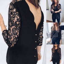 Sexy Backless Lace Spliced Long Sleeve Round Neck Top