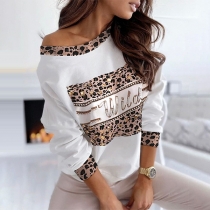 Fashion Rhinestone Spliced Long Sleeve Round Neck Leopard Printed Sweatshirt